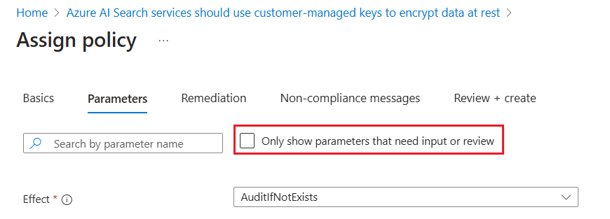 Screenshot of changing built-in CMK policy effect to deny.