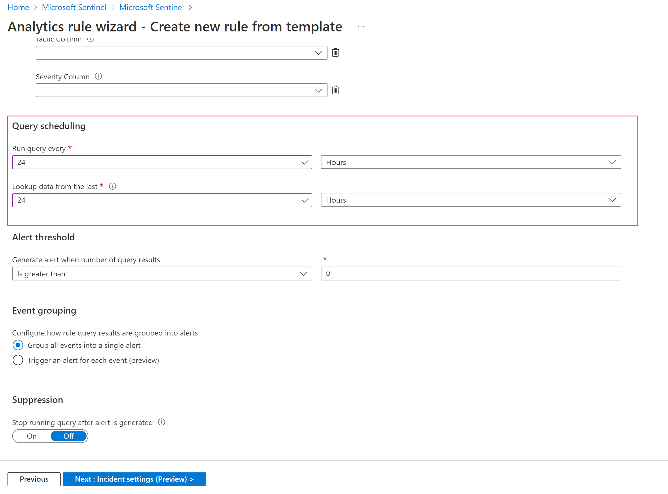 Screenshot of the analytics rule wizard defined to show data detected in the last 24 hours.