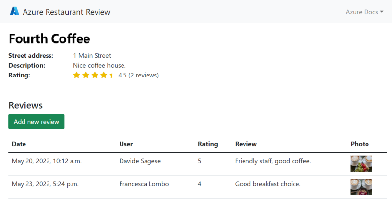 Screenshot of the sample app showing restaurant review functionality using Azure App Service, Azure PostgreSQL Database, and Azure Storage.