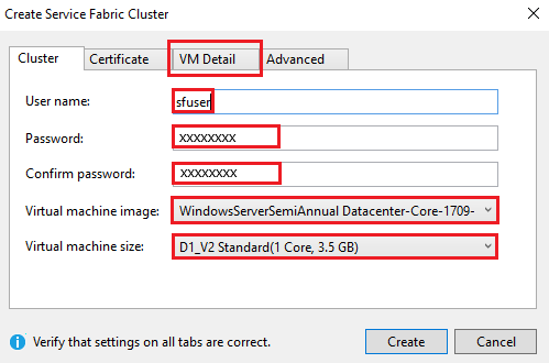 Screenshot that shows the VM Detail tab of the Create Service Fabric Cluster dialog.