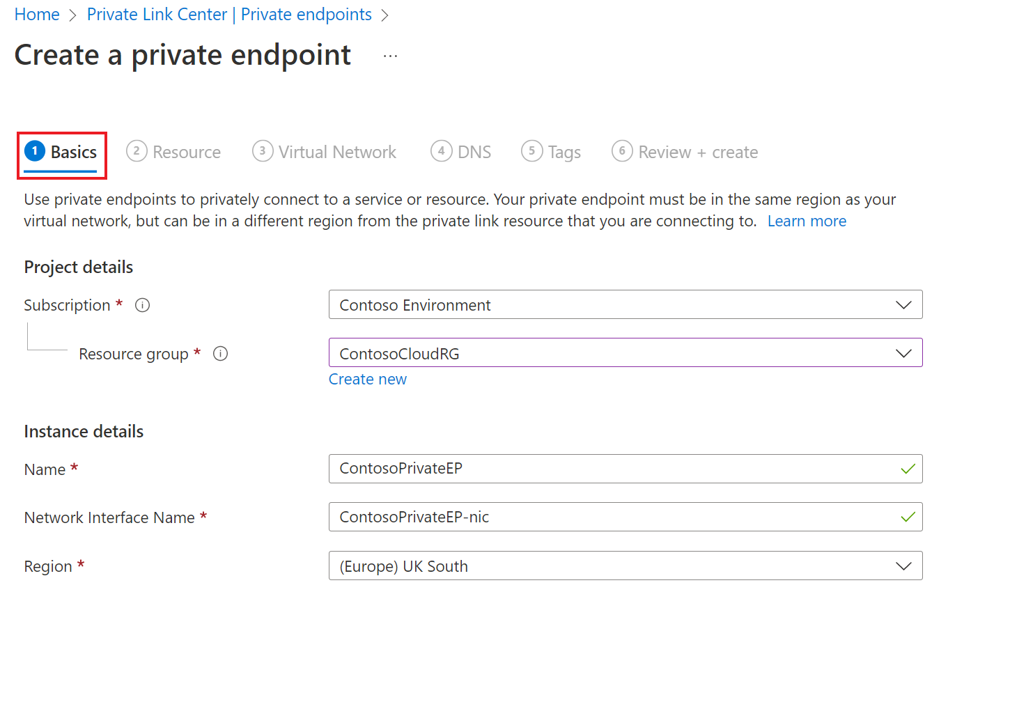 Screenshot that shows the Basic tab for creating a private endpoint.