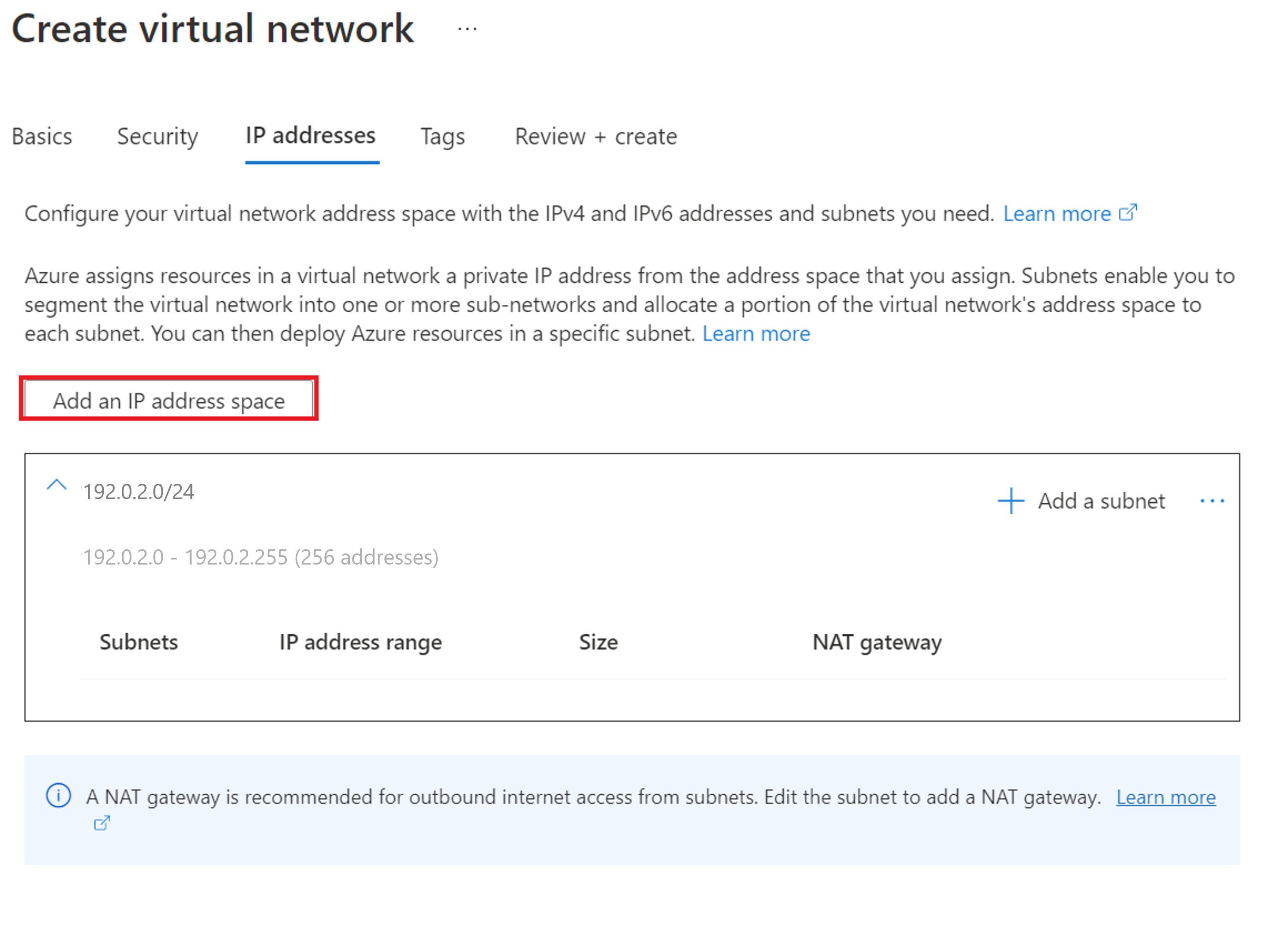 Screenshot that shows adding an IP address space.