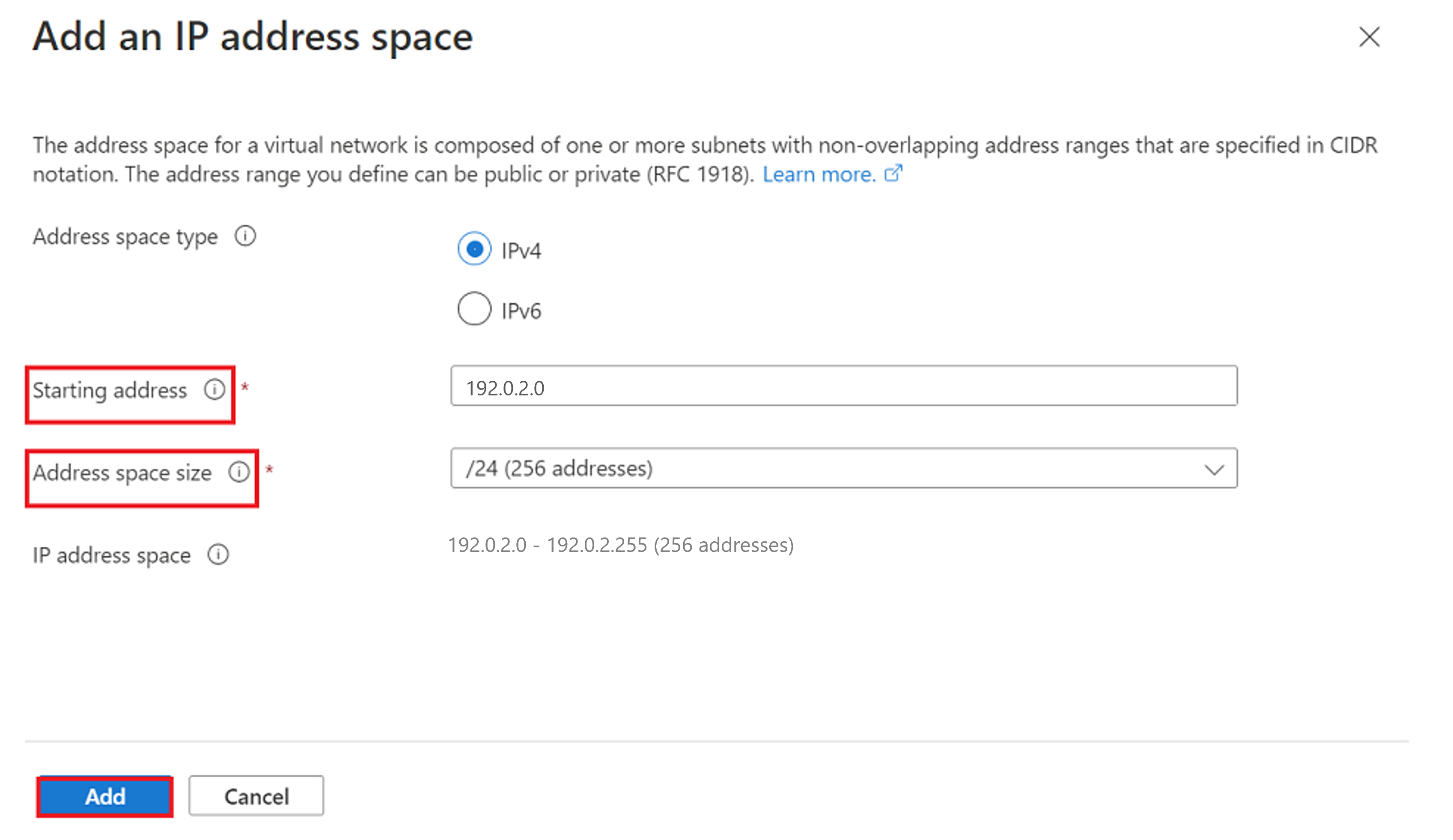 Screenshot that shows the Add virtual network options.