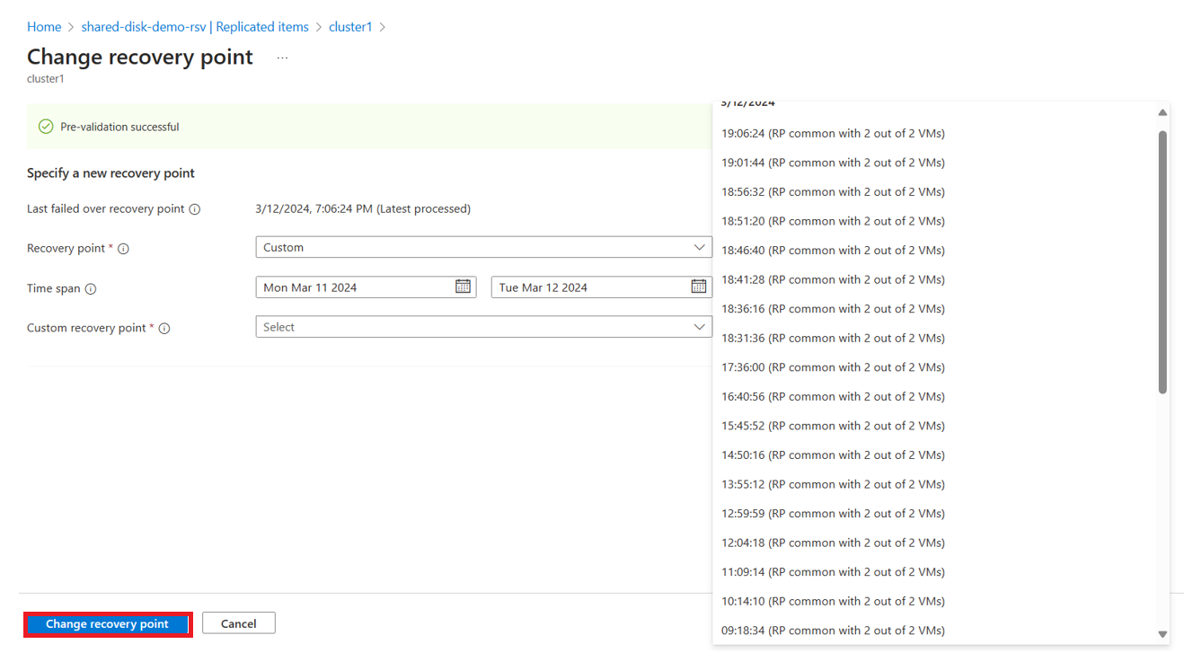 Screenshot showing Change Recovery Point options.