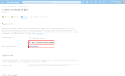 Screen capture of the Target tab illustrating the location of the Existing Target Endpoint field.