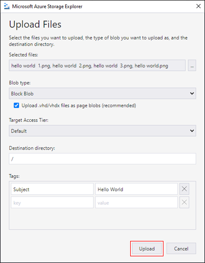Microsoft Azure Storage Explorer - upload a blob