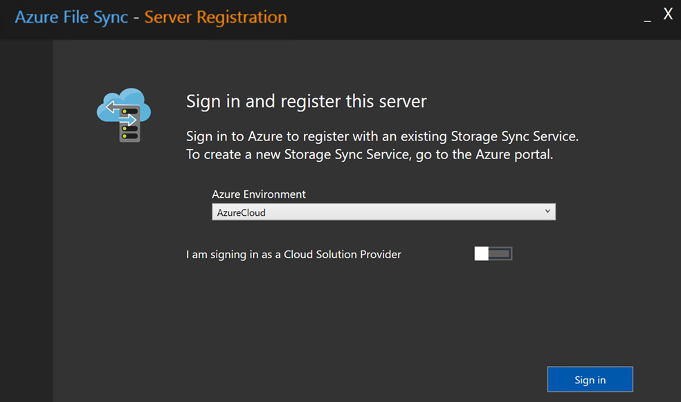 Screenshot of server registration UI Sign In - Regular.