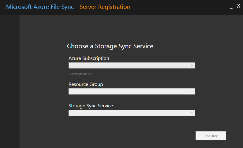 Screenshot of server registration for Storage Sync Service with details for Subscription, Resource Group and Sync Service.