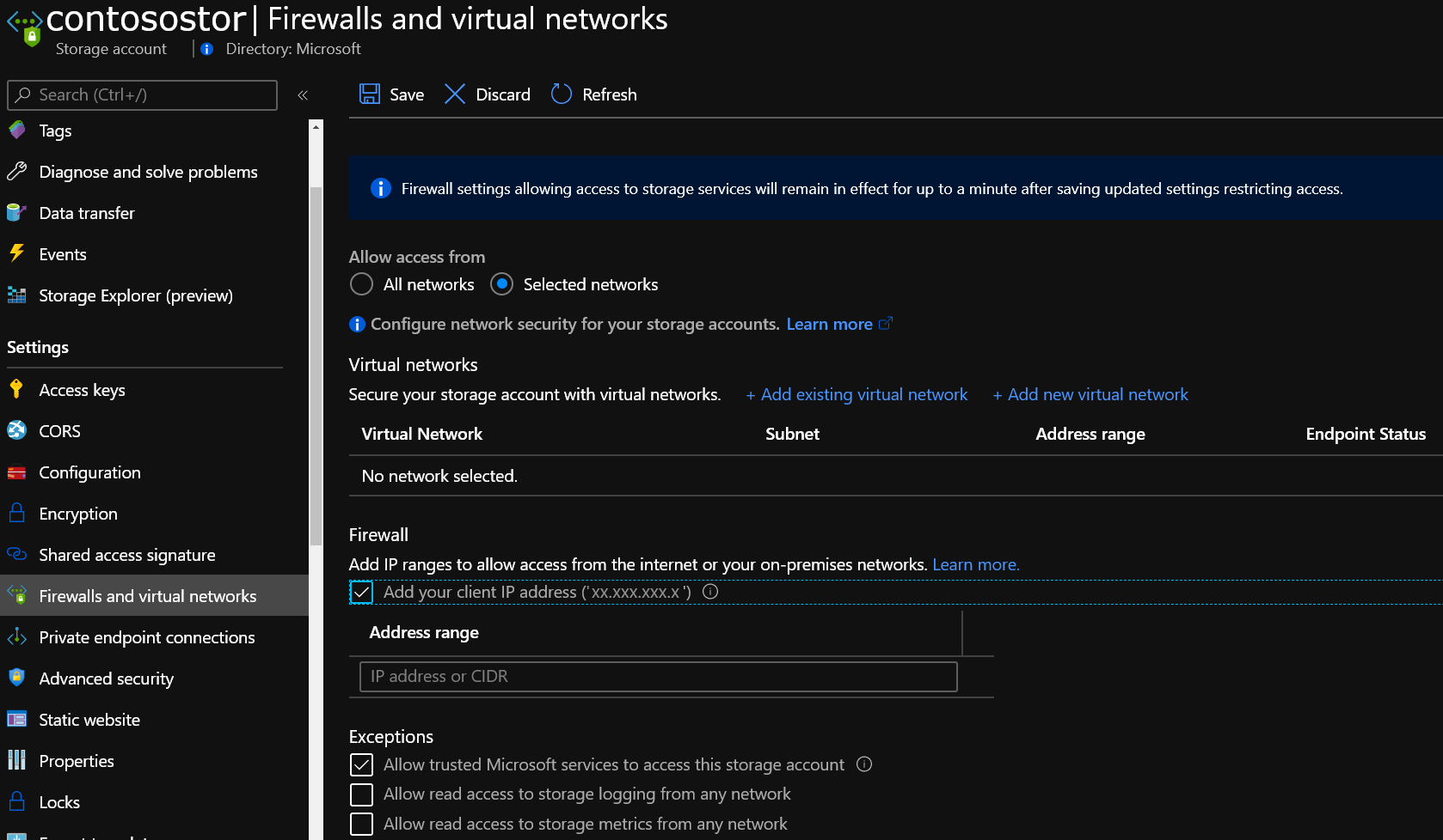 Shows storage firewall settings in the portal.