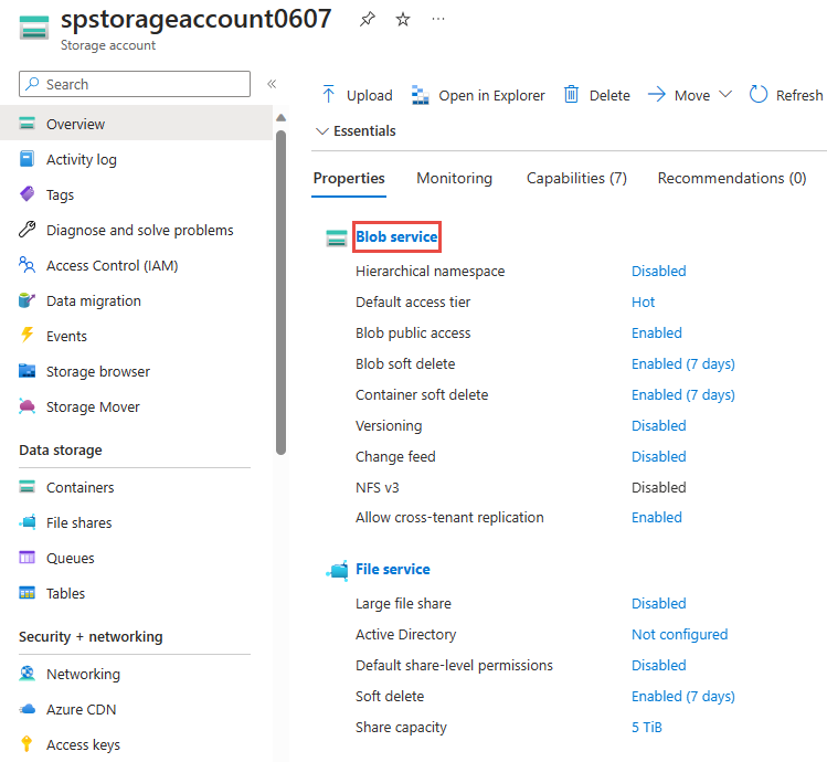 Screenshot showing the Storage account overview page with Blob service selected.