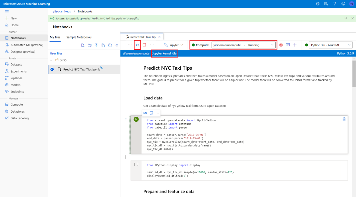 Screenshot that shows verification of Azure Machine Learning compute.