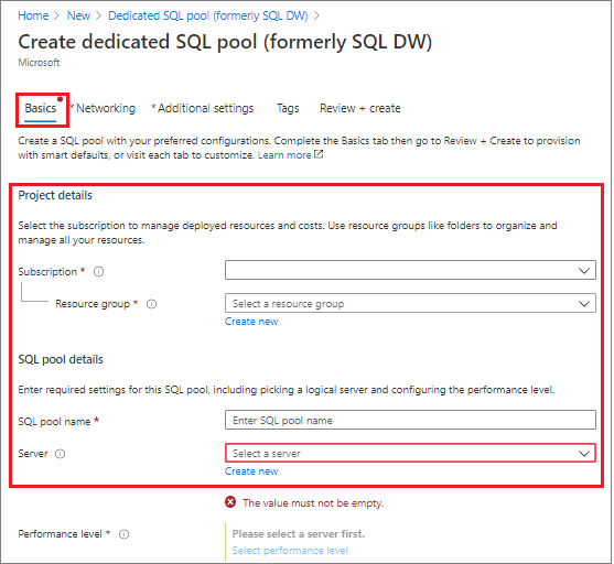 A screenshot of the Azure portal. Create a data warehouse basic details.