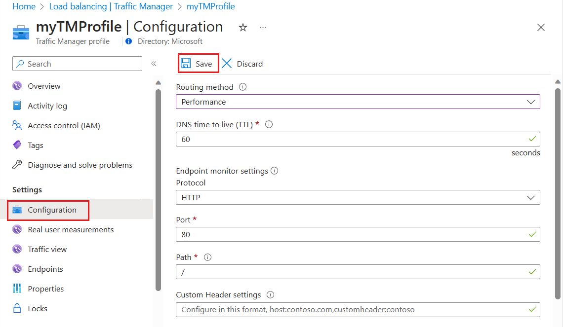 Screenshot of configuring a traffic manager profile with performance routing.