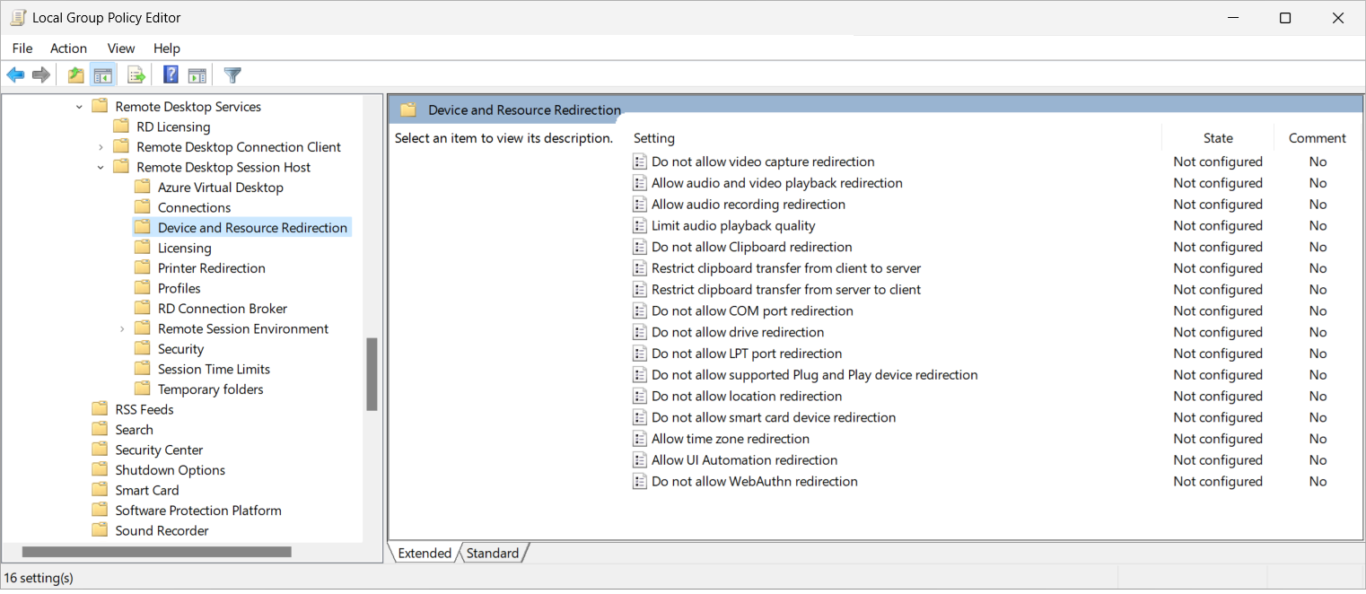 A screenshot showing the device and resource redirection options in the Group Policy editor.