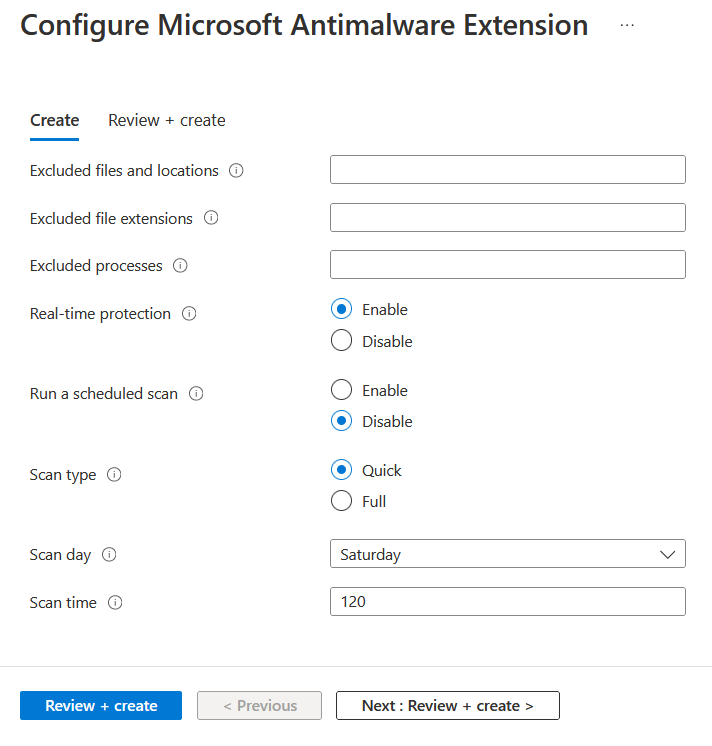 Screenshot of the dialog for installing the Microsoft Antimalware extension.