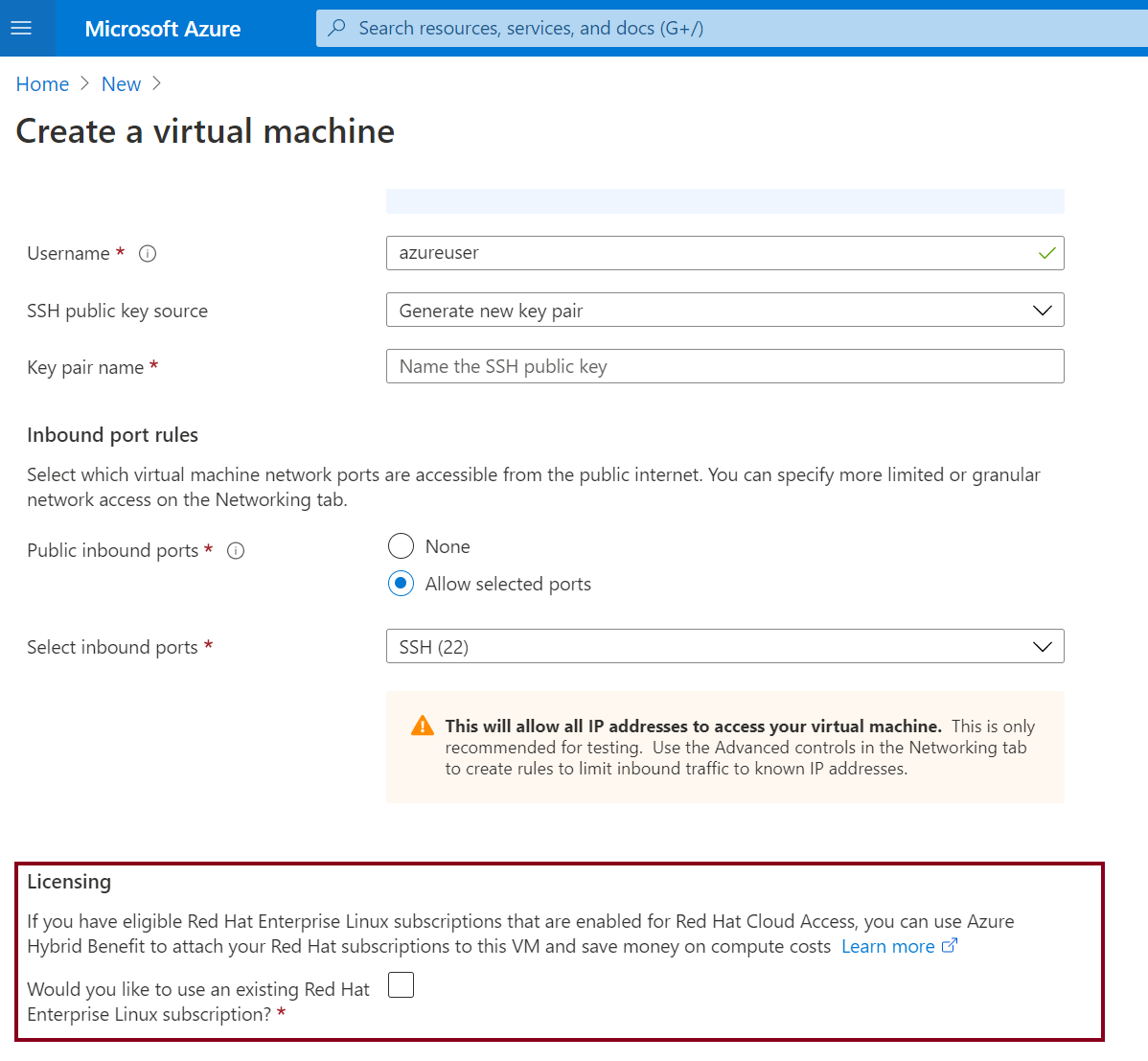 Screenshot of the portal pane for creating a virtual machine.