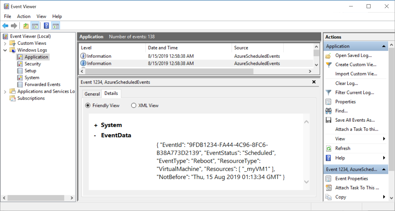 Screenshot of event viewer.