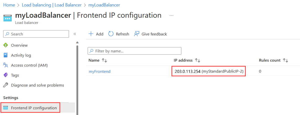 Screenshot of the load balancer Frontend I P configuration page showing the new public I P address.