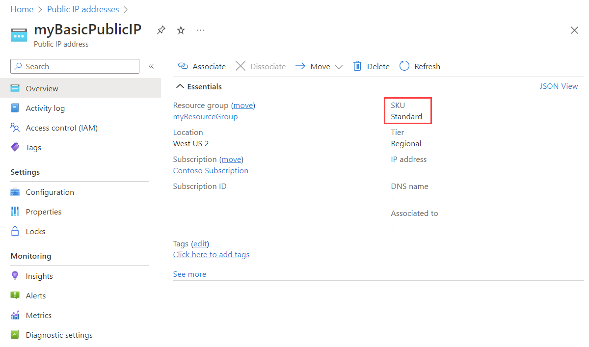 Screenshot showing public IP address is standard SKU.