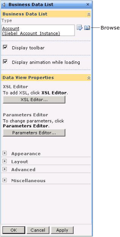 Business Data List tool pane