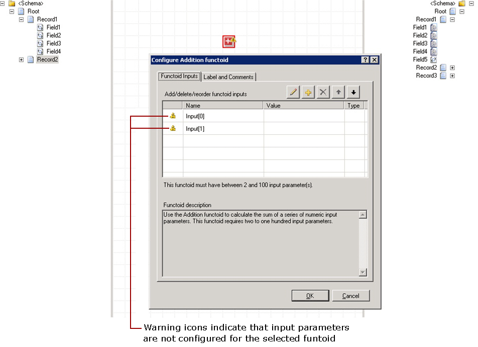 Warning displayed when functoid is not configured