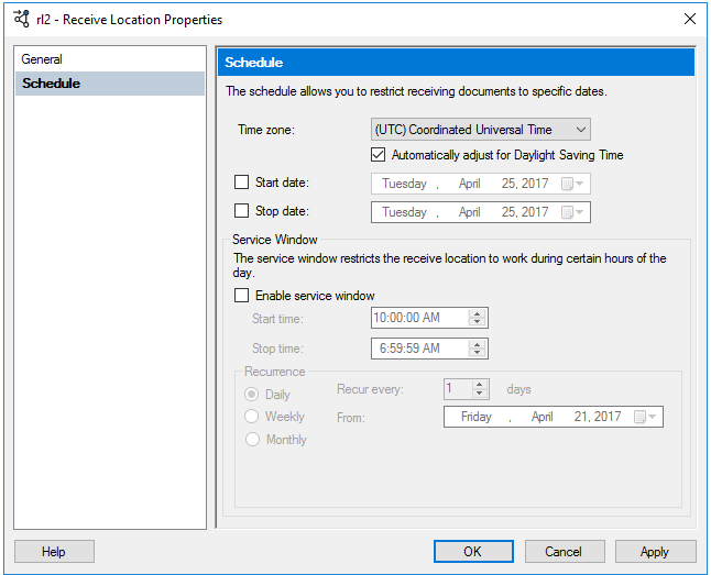 Enable Service Windows for Receive Port to configure scheduling on BizTalk Server