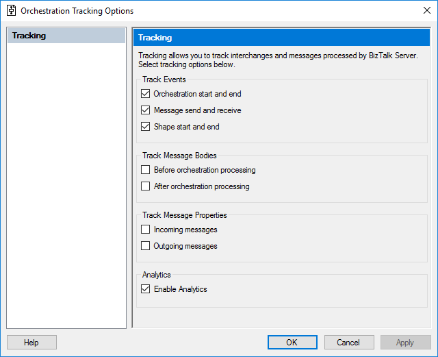 Turn on Analytics tracking in an orchestration in BizTalk Server