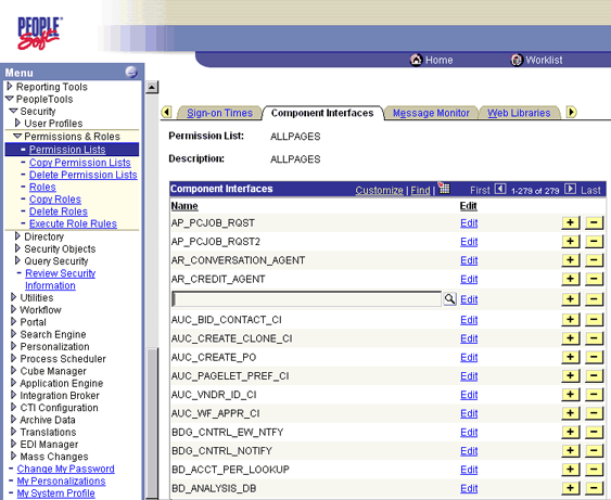 Image that shows the Component Interfaces list.