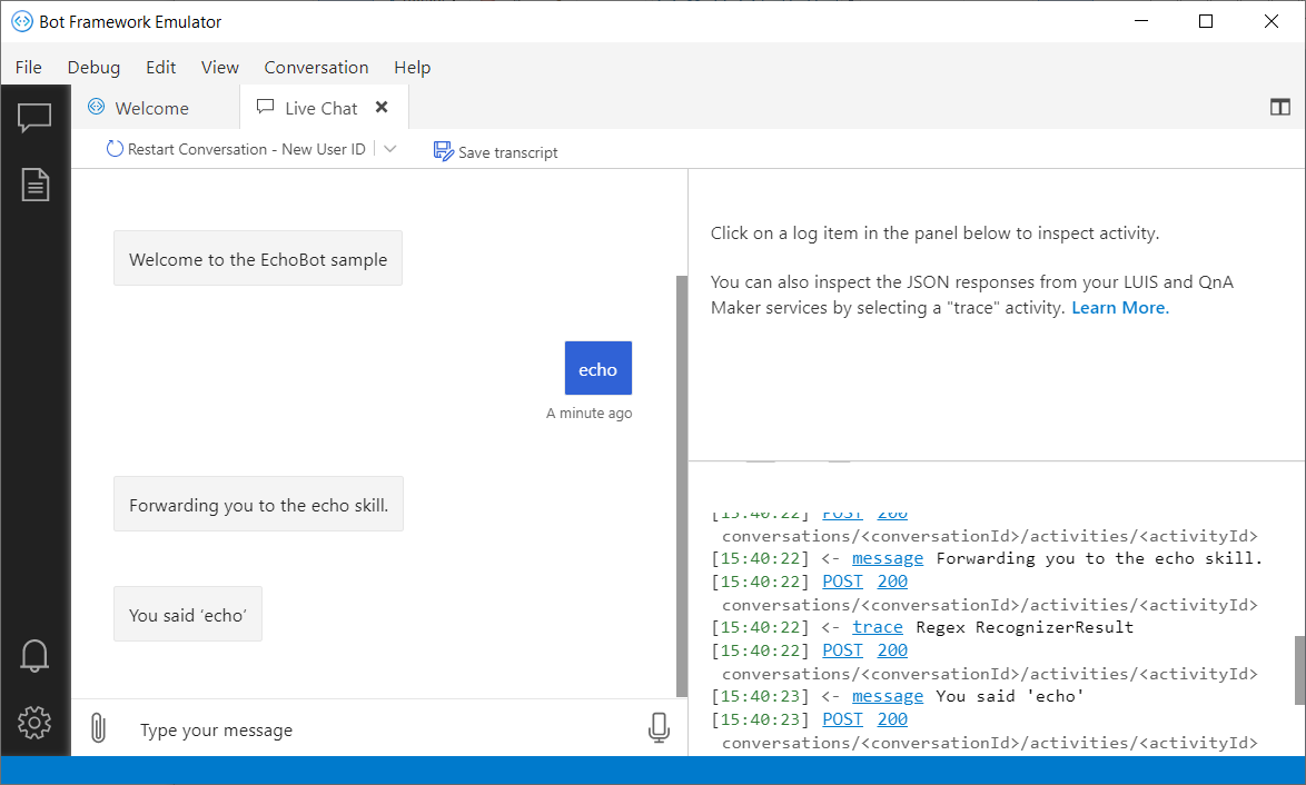 Example interaction with the local root bot accessing the remote skill.