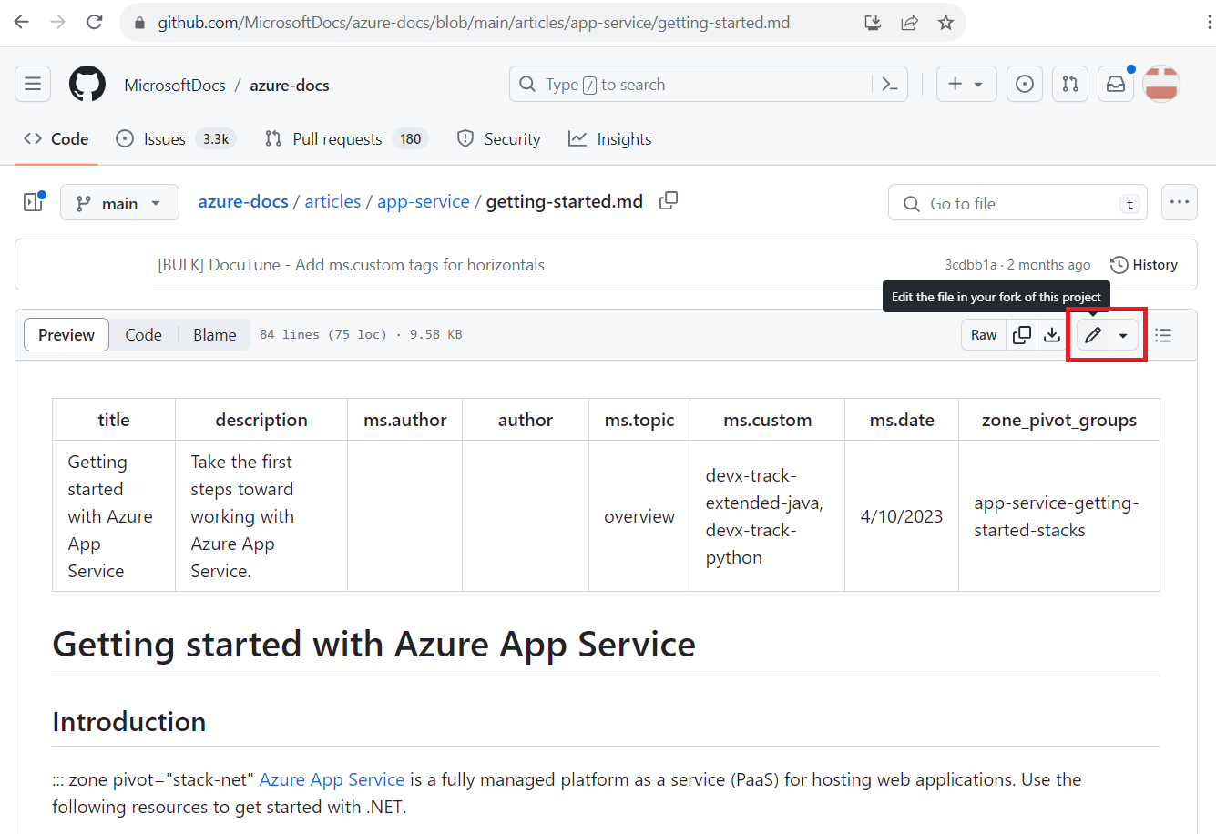 Στιγμιότυπο οθόνης του άρθρου Azure στο GitHub, που εμφανίζει το εικονίδιο μολυβιού **Επεξεργασία***.