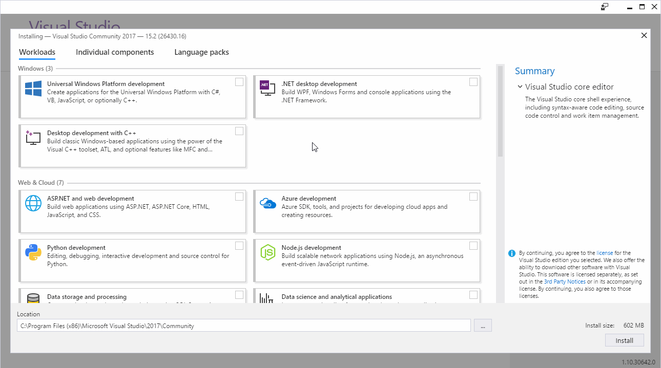 What you see when you select the Desktop development with C++ workload then choose the Install button.