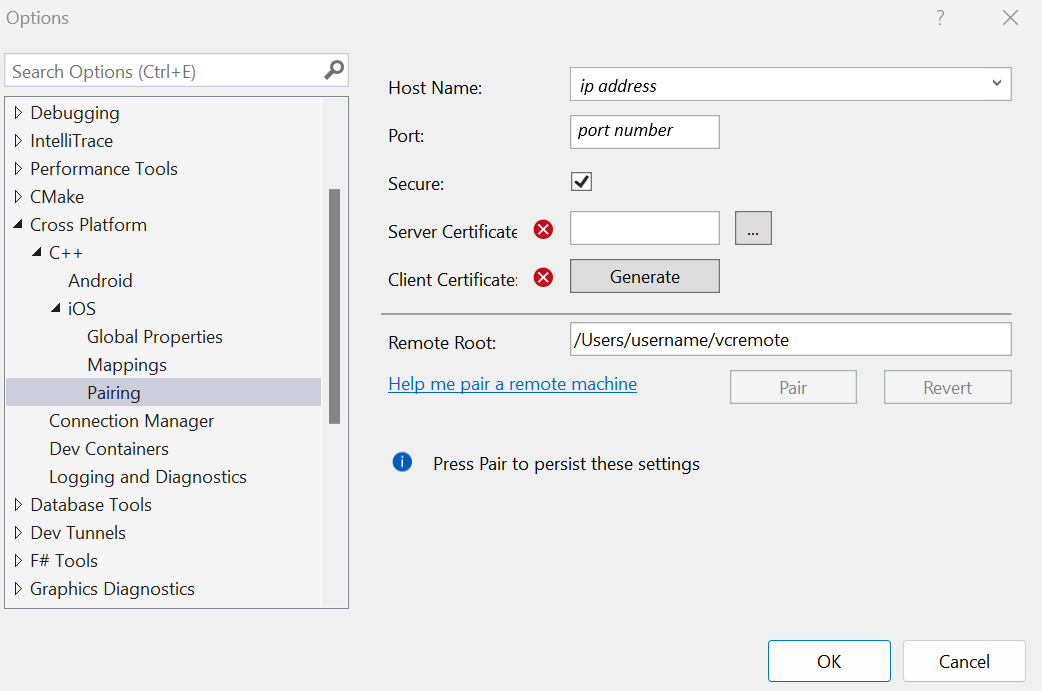 Screenshot of the Tools Options dialog for iOS pairing. The host name, the port, the Secure checkbox, and the Remote Root values are set.