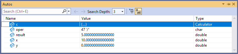 Screenshot of the Visual Studio debugger Autos window.