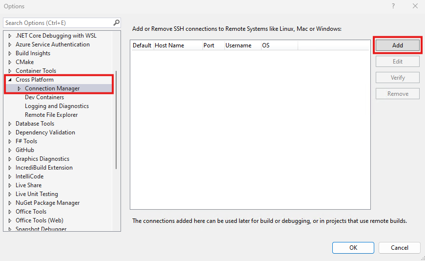 Screenshot of the Visual Studio options pane.