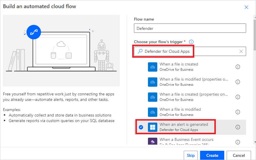 Power Automate when an alert is generated.