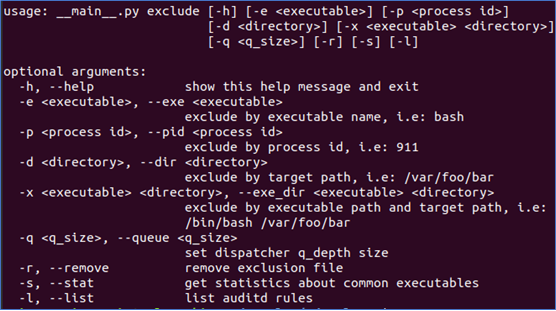 Screenshot of the syntax that can be used to add AuditD exclusion configuration rules.