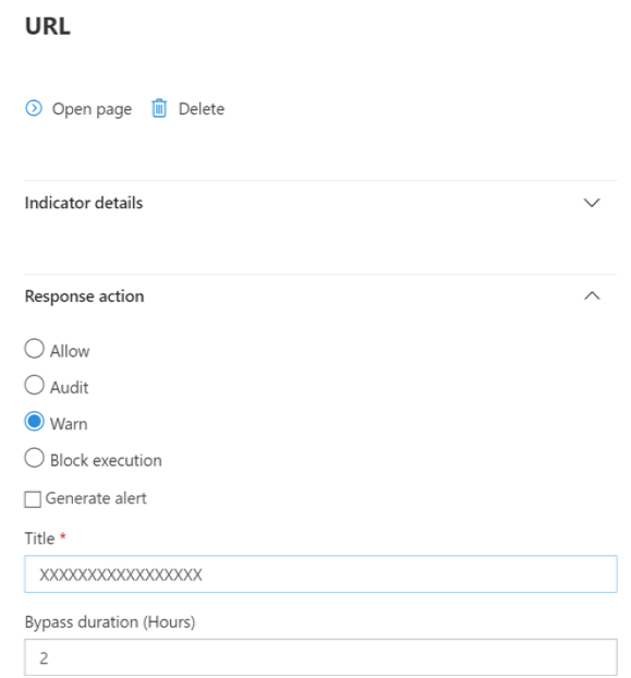 Network protection SmartScreen block configuration URL and IP form.