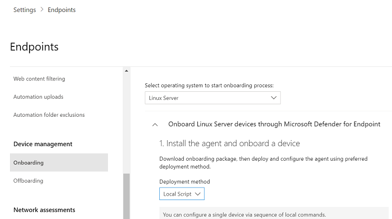 Downloading an onboarding package in the Microsoft Defender portal