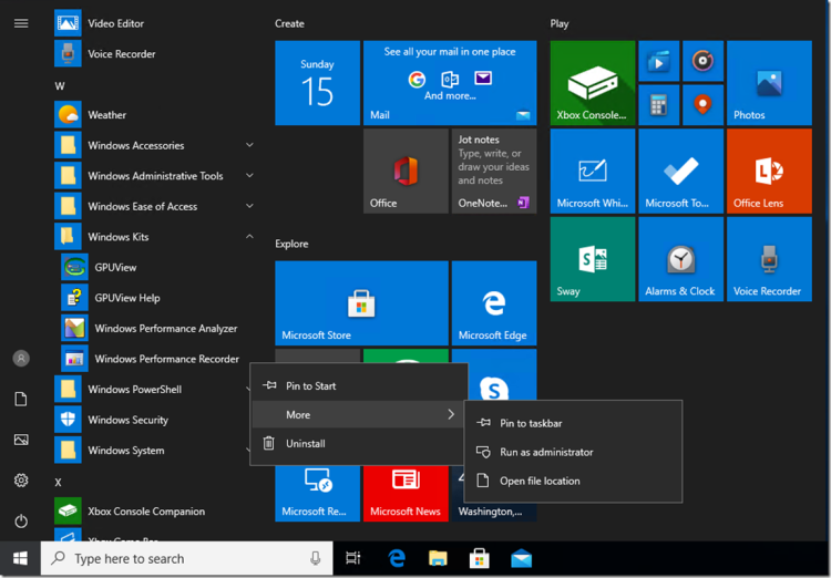 Screenshot showing the Start menu