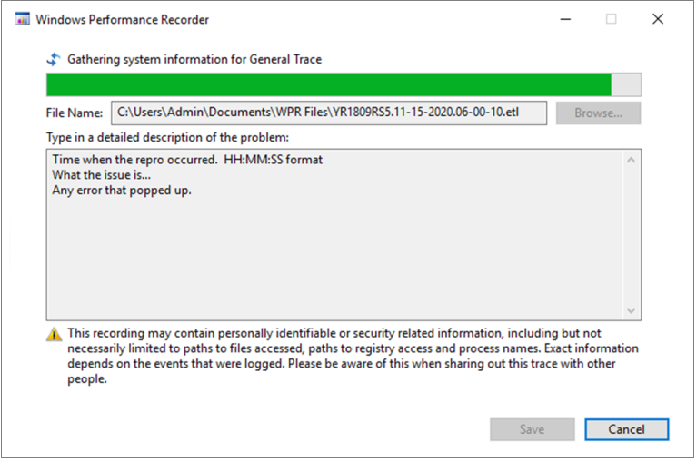 Screenshot showing the WPR gathering general trace.