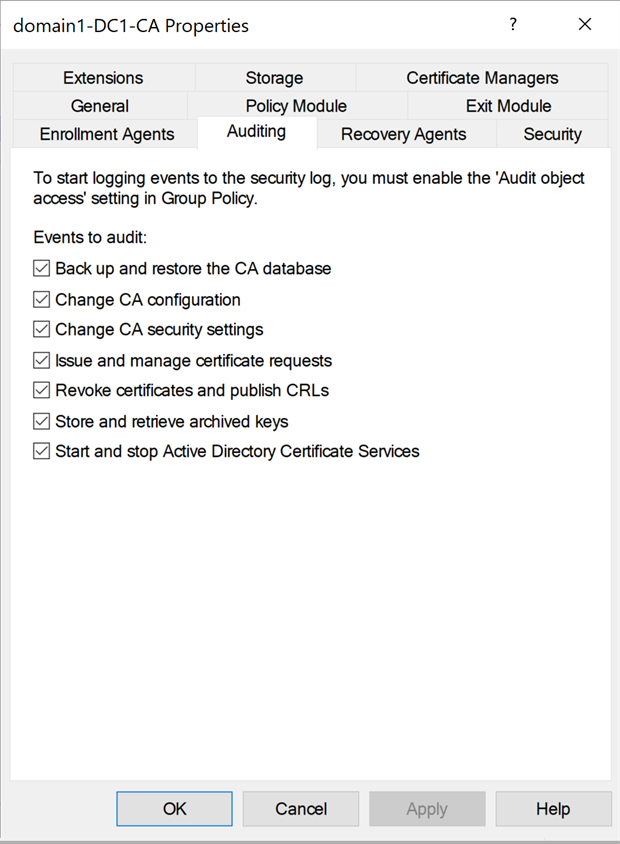 Screenshot of the Auditing tab for certificate authority properties.