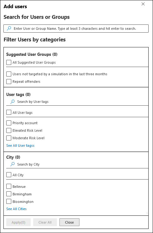 The User filtering on the Target users page in Attack simulation training in the Microsoft Defender portal