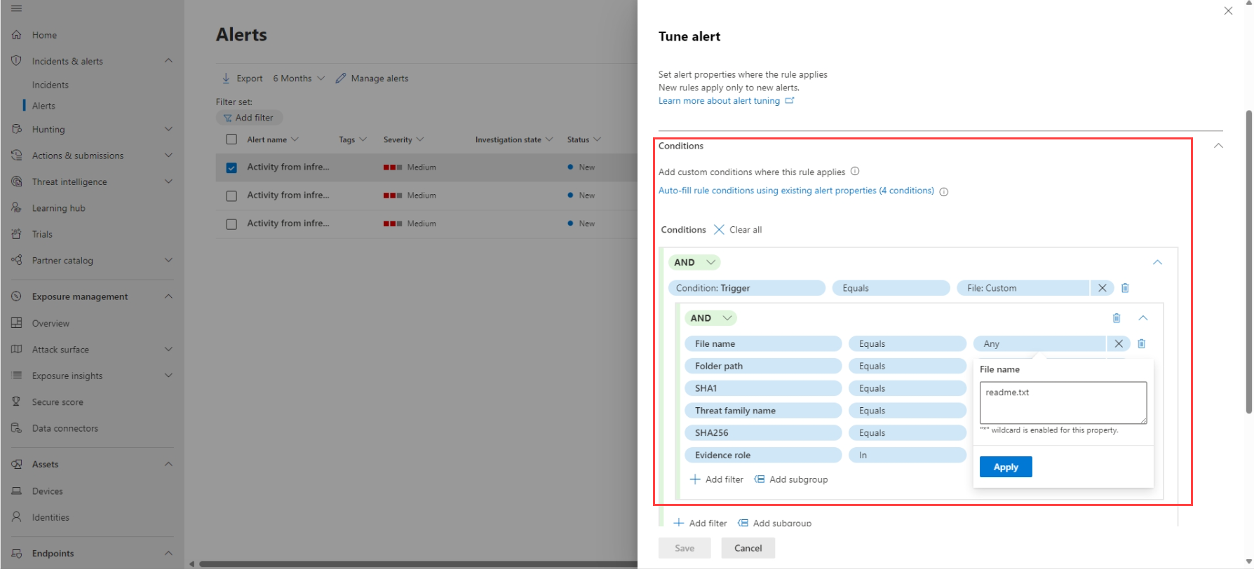 Screenshot of the Conditions area in the Alert tuning pane.