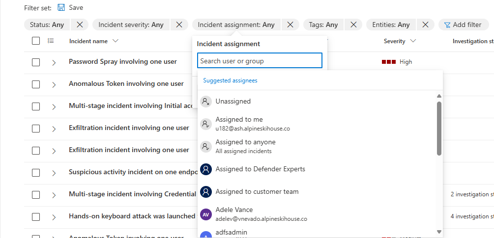 Screenshot showing how to view incidents assigned to an owner in the incident queue page in the Microsoft Defender portal.