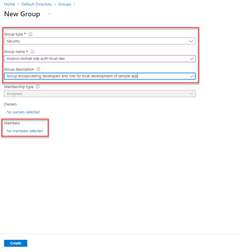 A screenshot showing how to fill out the form to create a new Microsoft Entra group for the application. This screenshot also shows the location of the link to select to add members to this group.