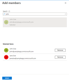 A screenshot of the Add members dialog box showing how to select application service principals to be included in the group.