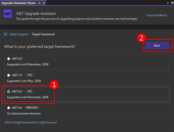 The .NET Upgrade Assistant Analyze wizard's 'Target framework' page in Visual Studio. The '.NET 8.0' item is highlighted along with the 'Next' button.