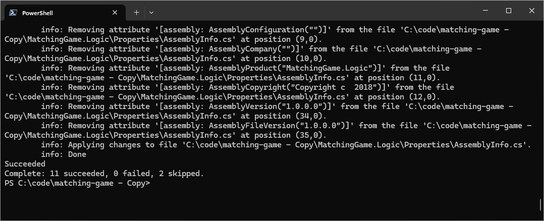 A terminal showing the results of the upgrade command when using the .NET Upgrade Assistant Global Tool.