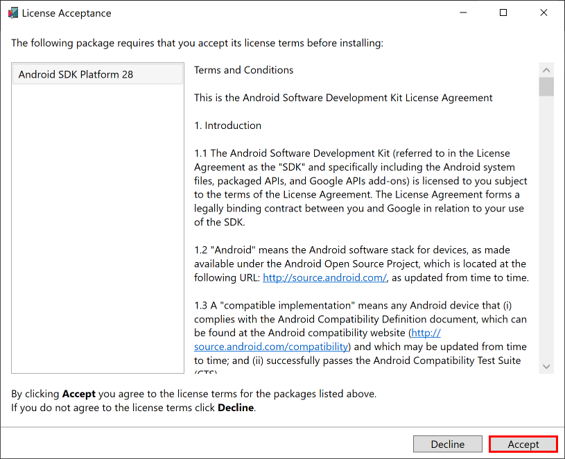 Second Android SDK License Agreement window.