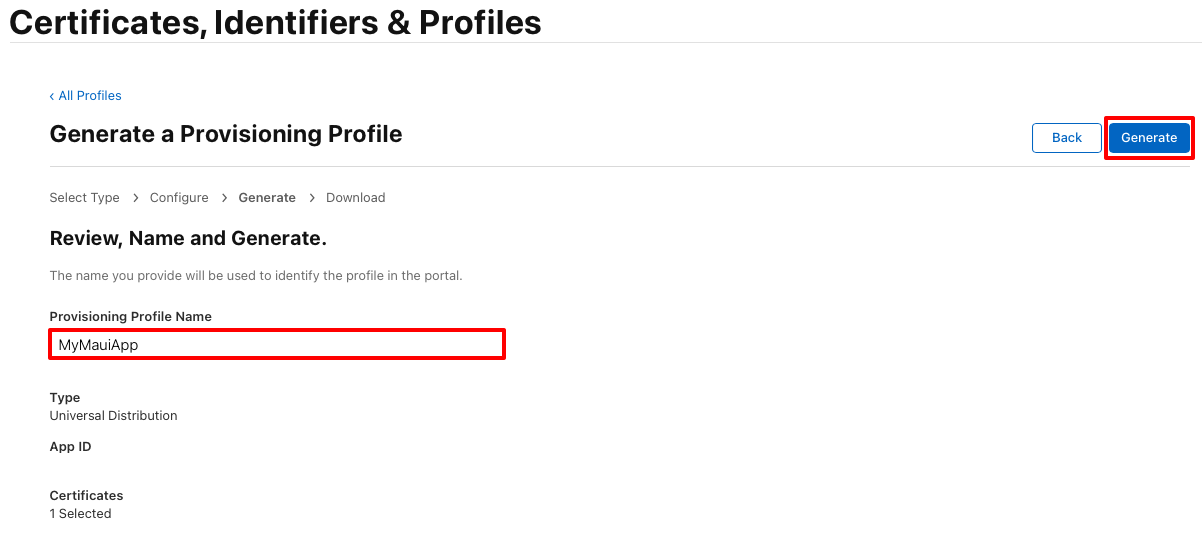 Generate the provisioning profile.